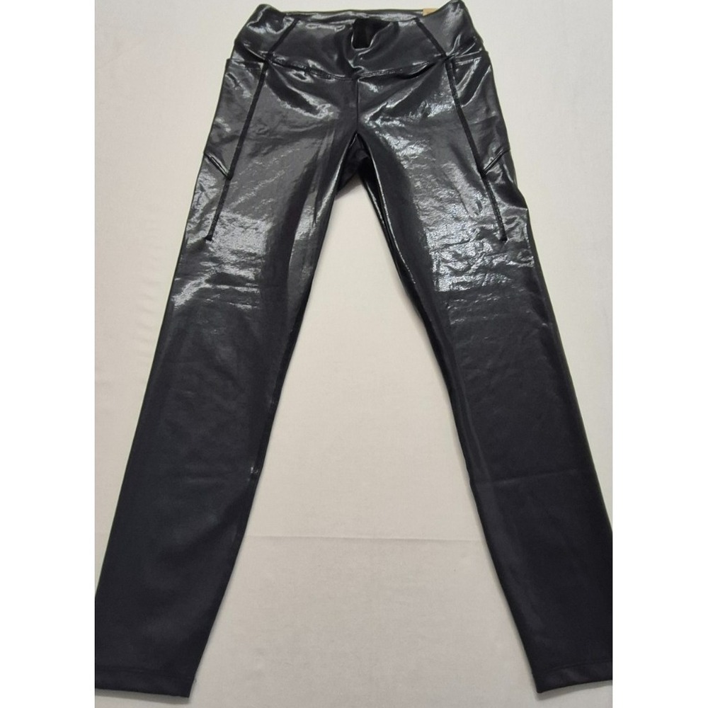 NWT Pink Active women's black faux leather high waisted full‎ length leggings LG